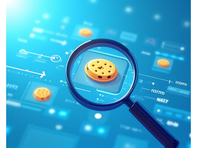 Ilustración de una lupa examinando pequeños archivos de cookies digitales, con elementos de la interfaz de usuario de configuración del navegador en segundo plano. Colores limpios y profesionales.