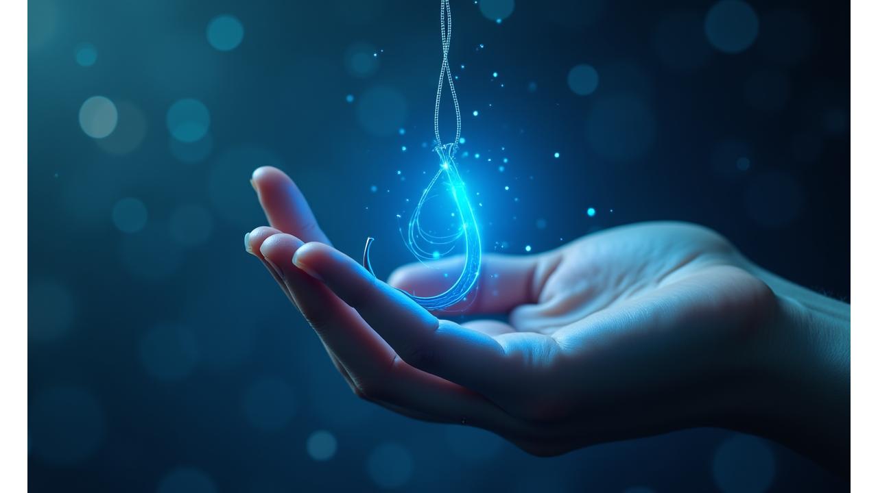 Manos sujetando un anzuelo azul brillante sobre un fondo digital que representa seguridad de datos, mezclando la artesanía tradicional con la innovación moderna.
