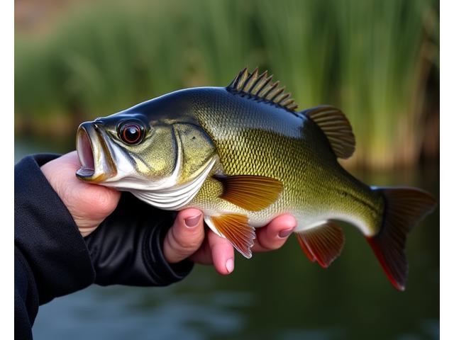 Un black bass vigoroso capturado con equipo BFS, sostenido delicadamente por un pescador.