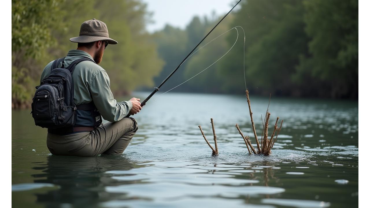 Pescador realizando un lance bajo con equipo BFS, con el señuelo cayendo con precisión cerca de un obstáculo.