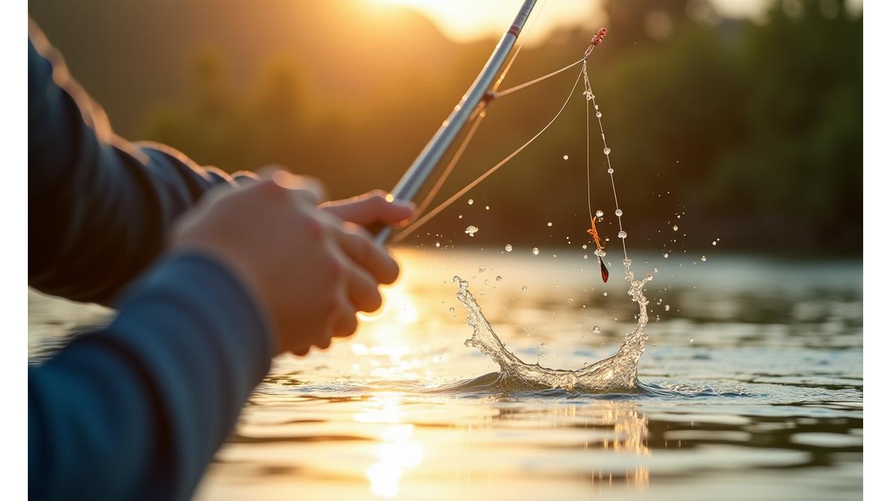 Pescador lanzando con equipo BFS en un río de aguas cristalinas, mostrando la acción precisa de la caña.