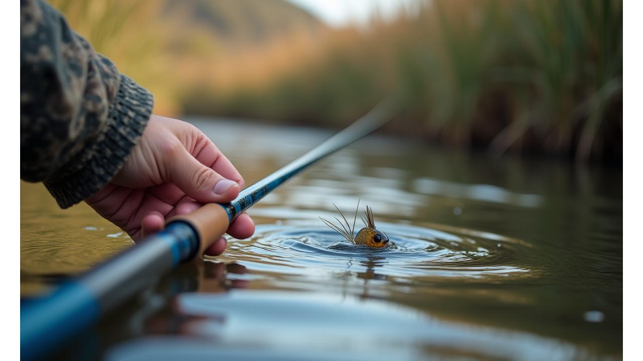 Primer plano de un pescador en el agua, realizando una recuperación lenta y sutil de un señuelo BFS.