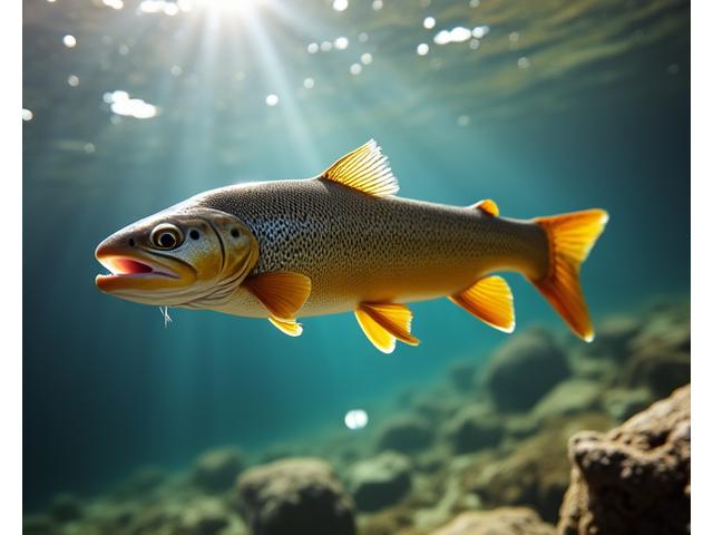 Trucha común en aguas de río cristalinas, con un pequeño señuelo BFS cerca de su boca.