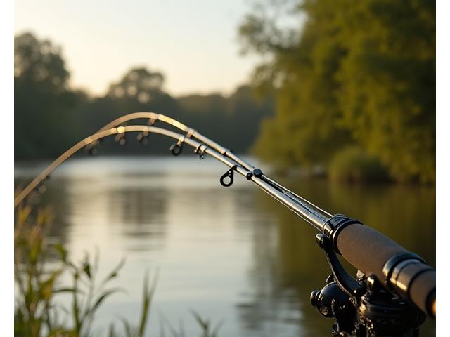 Caña de pescar carpfishing potente flexionándose con una gran captura en un entorno de lago apacible.