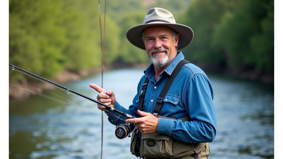 Experto pescador explicando las características de una caña de Anzuelo Azul junto a un río, con equipos de pesca visibles.