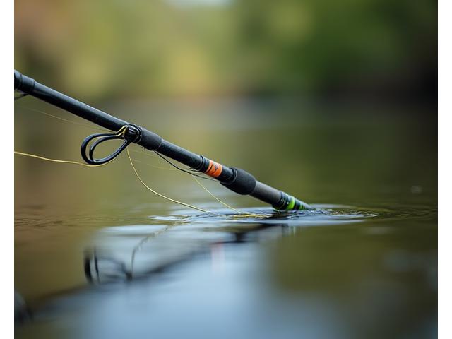 Caña de pescar feeder con puntero sensible y línea tensa en un entorno de pesca de fondo.