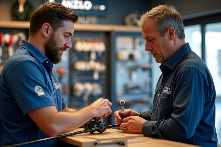 Cliente siendo asesorado por un experto en Anzuelo Azul, con cañas de pescar y carretes expuestos en un ambiente profesional.