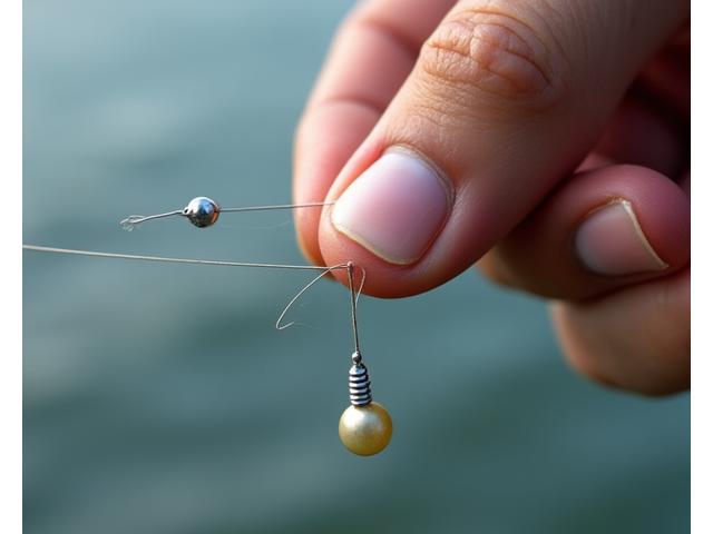 Mano de pescador ajustando un pequeño plomo en la línea de pesca finamente