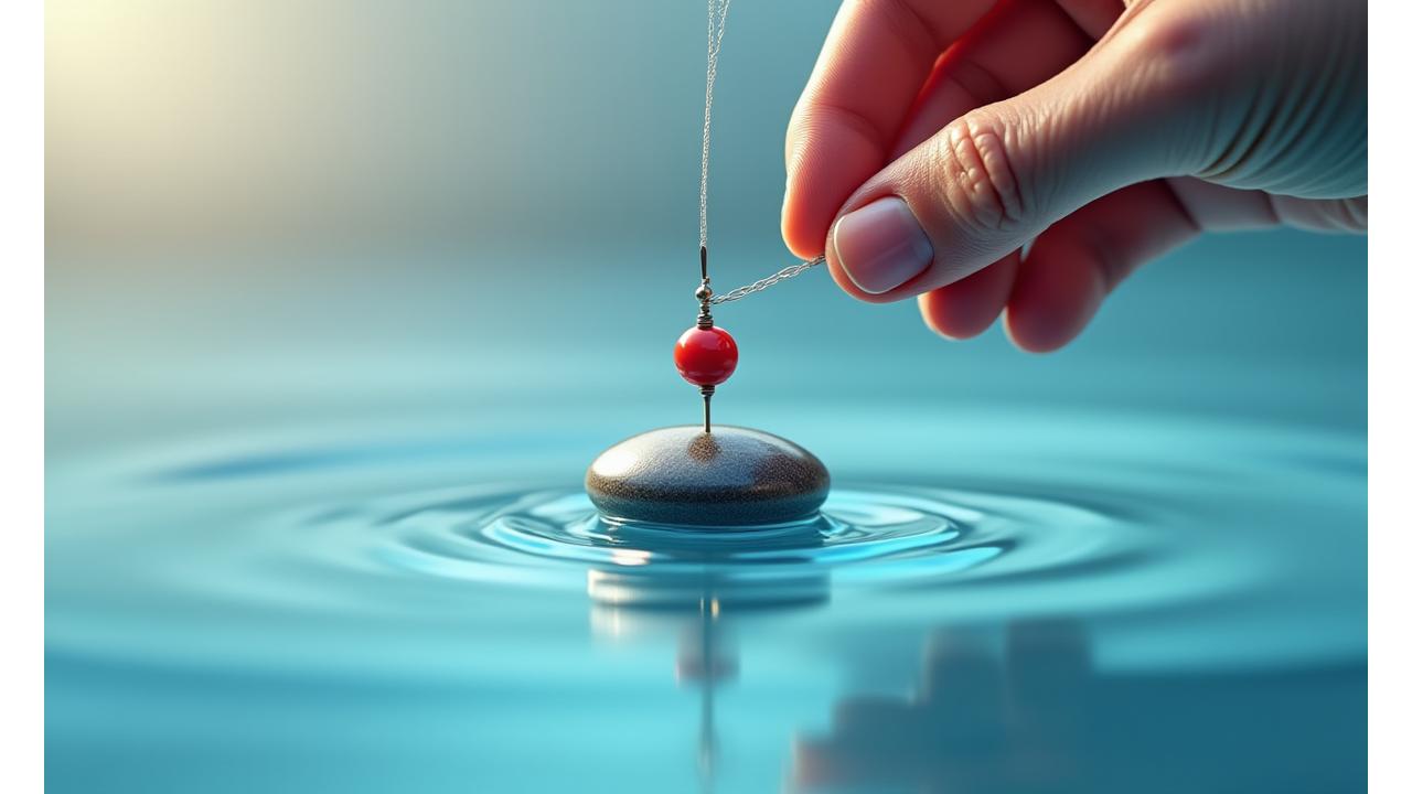 Representación gráfica del balanceo de un flotador en el agua, con vectores de fuerza y un pescador ajustando la plomada