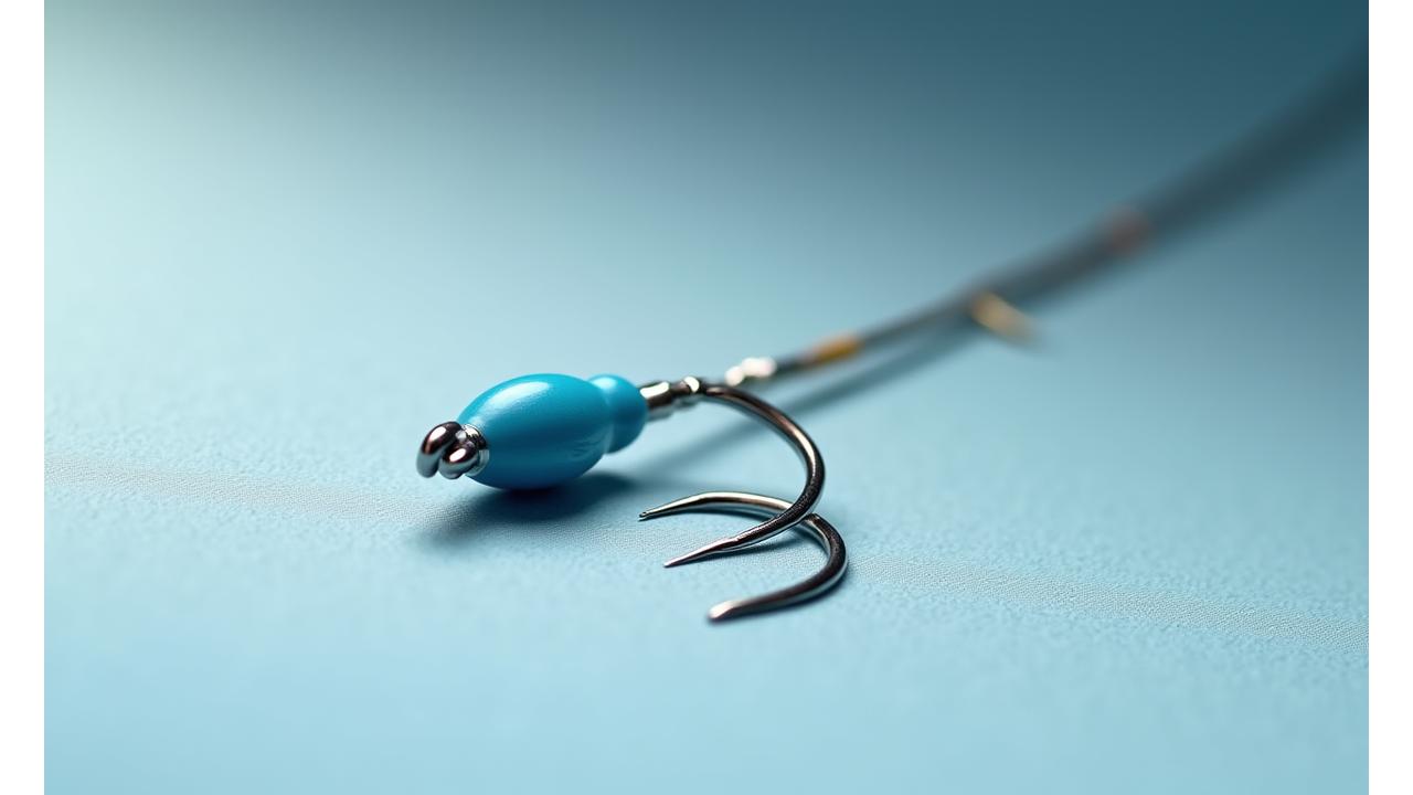 Primer plano de un anzuelo súper afilado y un flotador perfectamente equilibrado, destacando la precisión técnica de los accesorios de pesca de Anzuelo Azul