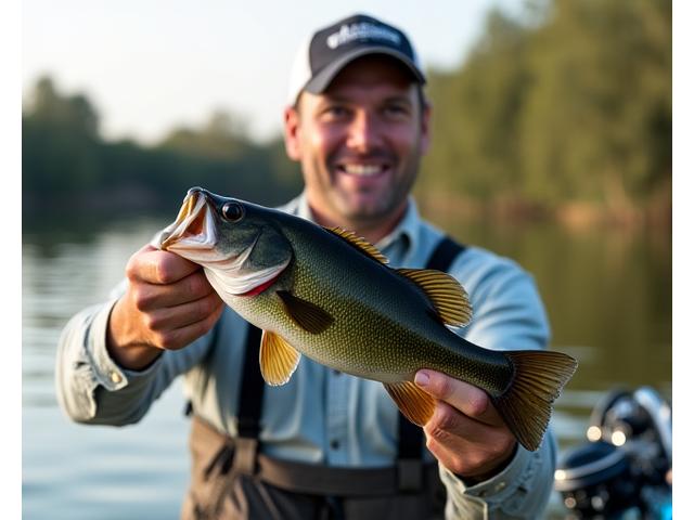 Pescador con gran Black Bass