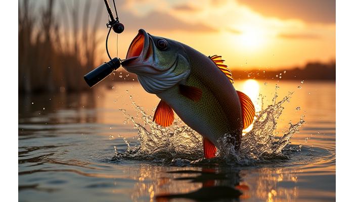 Pescador capturando un Black Bass Anzuelo Azul
