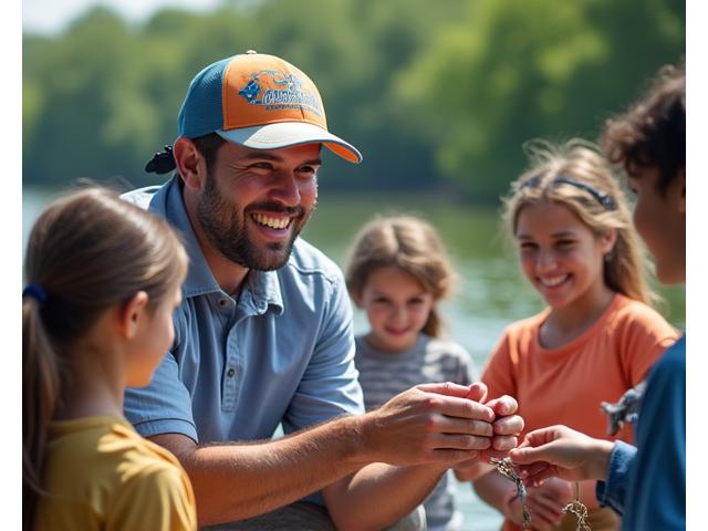 Grupo de niños y padres sonriendo durante un curso de iniciación a la pesca al aire libre, con un instructor supervisando.