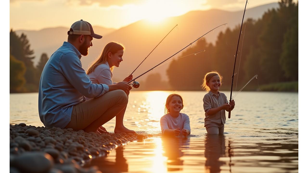 Familia feliz pescando juntos en un lago al atardecer, con equipamiento de pesca infantil y mucha alegría.