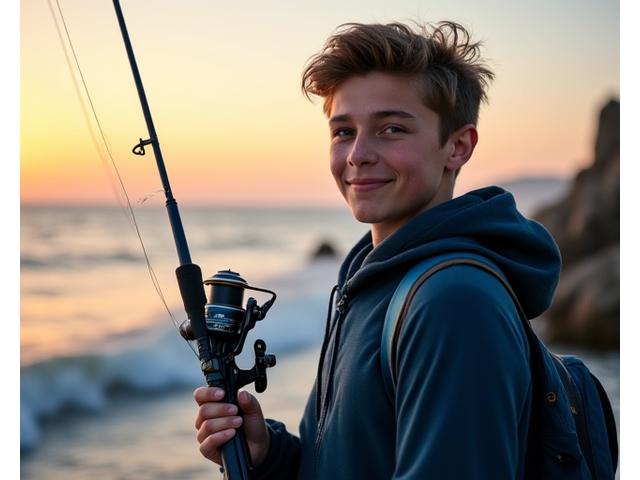 Adolescente mostrando con orgullo una captura mayor, con una caña y carrete de calidad para pesca deportiva.