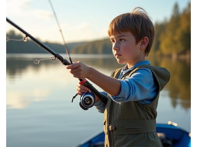 Joven pescador de 10 años concentrado sosteniendo una caña con un pez pequeño, mostrando un equipo de gama media.