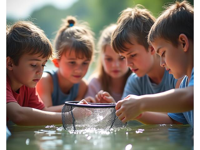 Niños y adolescentes participando en un taller de pesca de verano, aprendiendo a identificar peces y ensamblar cebos.