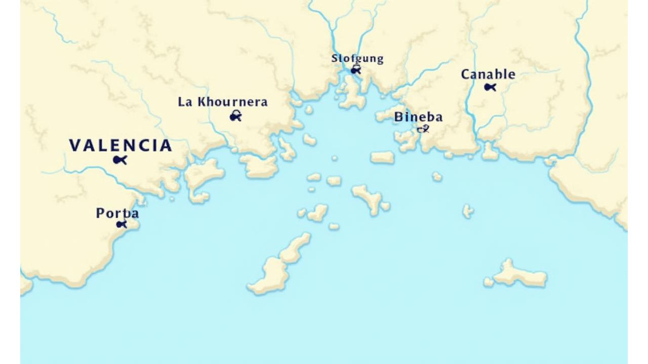 Mapa interactivo de Valencia con puntos marcados en el Río Turia, Puerto y La Albufera indicando spots de pesca urbana.