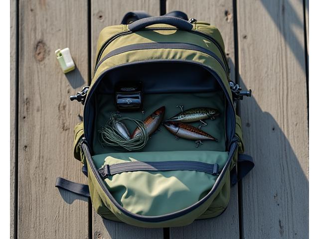 Mochila de pesca con múltiples compartimentos para organizar señuelos y accesorios pequeños.