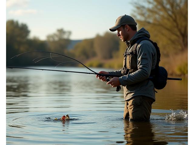 Pescador con caña en mano aplicando técnica avanzada en un lago, con el señuelo en plena acción.
