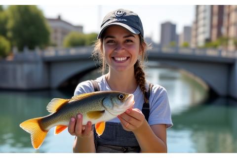 Ana Martínez con una Perca capturada cerca del Puente de las Flores en Valencia.